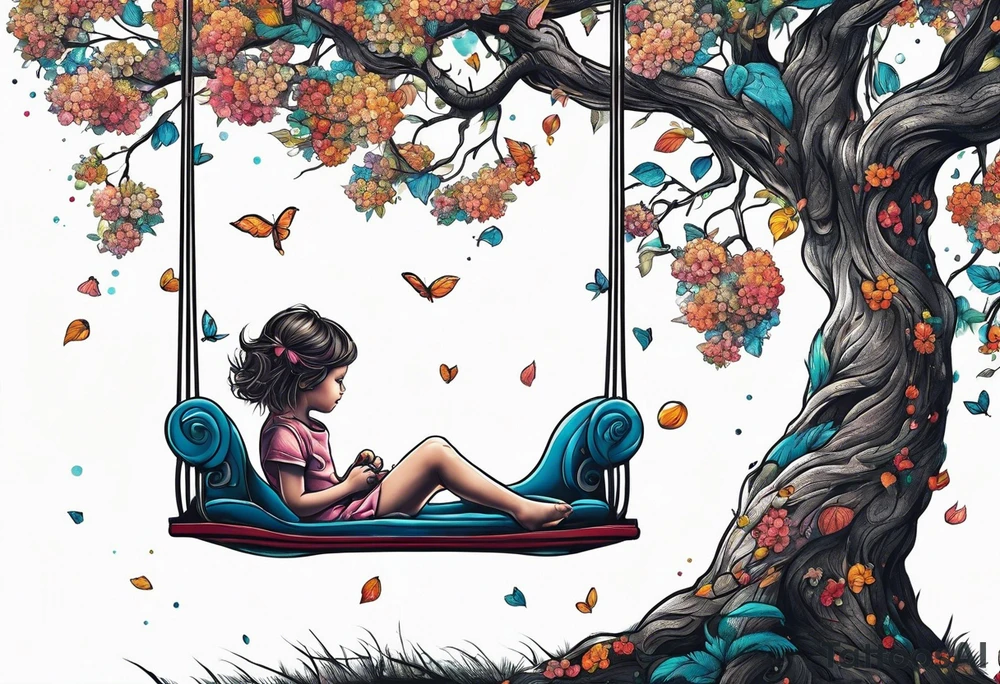 little girl swinging under a tree of life tattoo idea