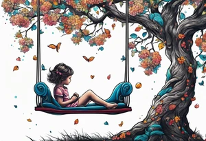 little girl swinging under a tree of life tattoo idea