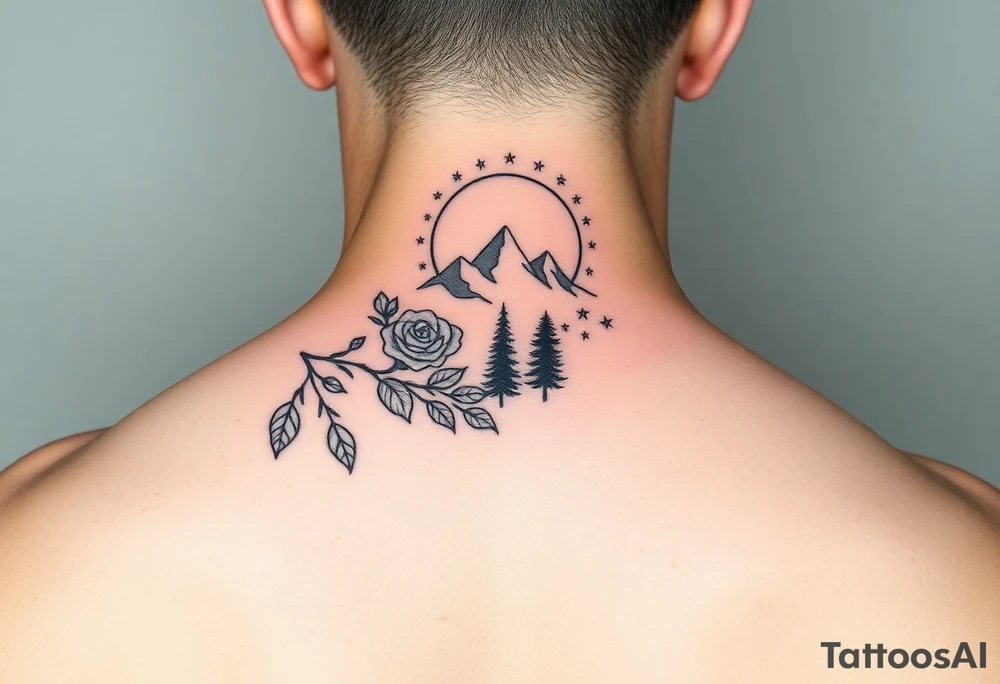 Unique artistic tattoo, with roses and wild flowers 
Crescent moon and stars mountains forests
Feminine tattoo idea