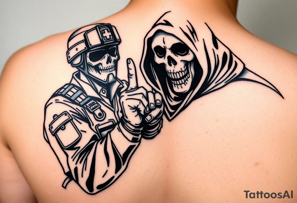 Special forces combat medic treating a soldier while he puts his middle finger up at the grim reaper tattoo idea