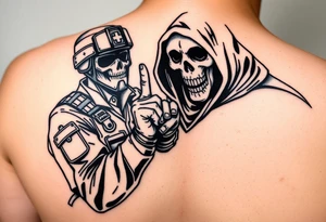 Special forces combat medic treating a soldier while he puts his middle finger up at the grim reaper tattoo idea