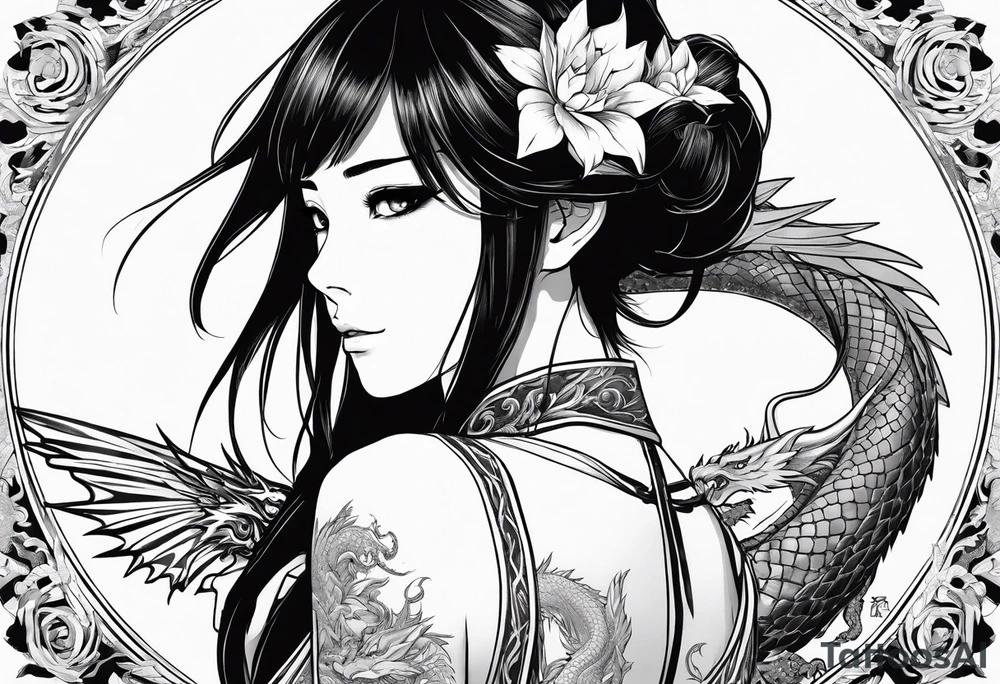 a full shot of an anime girl seen from far, surrounded by asian dragon with wings tattoo idea
