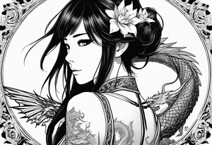 a full shot of an anime girl seen from far, surrounded by asian dragon with wings tattoo idea