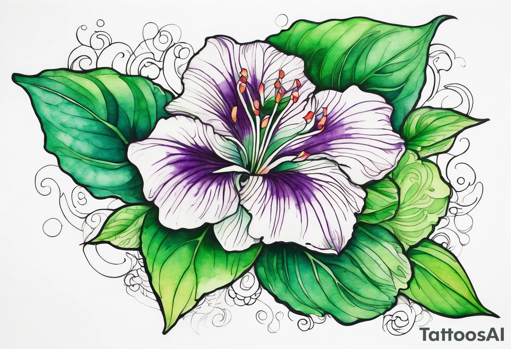 An outline of a green rio dipladenia flower and a green/purple watercolor streak in the background tattoo idea