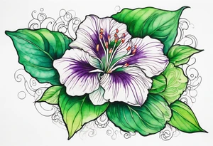An outline of a green rio dipladenia flower and a green/purple watercolor streak in the background tattoo idea