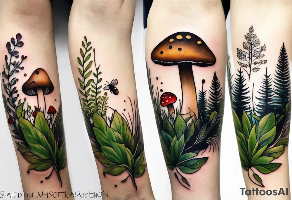 minimalistic forest floor inspired tattoo, which includes grass, moss, curly ferns and dead leaves as the bulk of the tattoo. details to include: forest berries, couple of very small brown mushrooms, a tiny bumblebee flying nearby tattoo idea