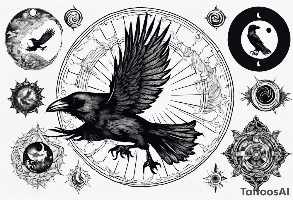 Cunning Raven flying towards Sun. tattoo idea