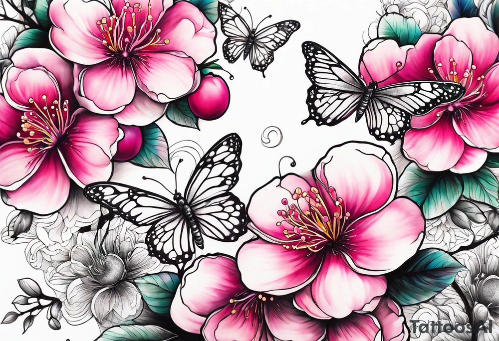 Vibrant, pink plum blossom flowers with butterflies tattoo idea