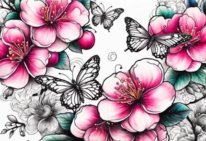 Vibrant, pink plum blossom flowers with butterflies tattoo idea