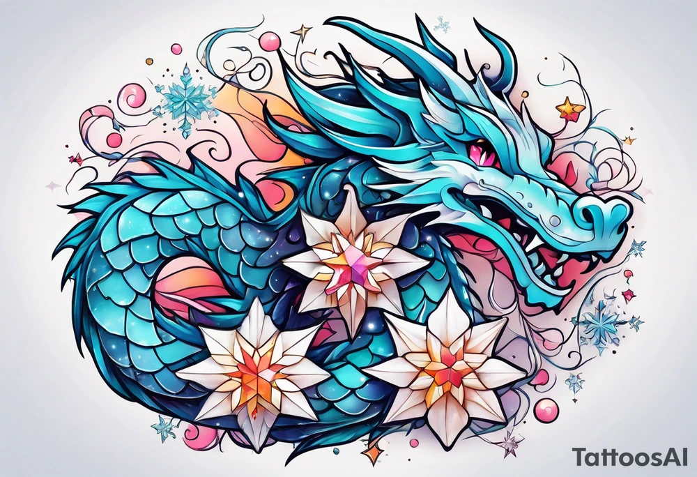 Constellation, kawaii dragon, snowflake tattoo idea