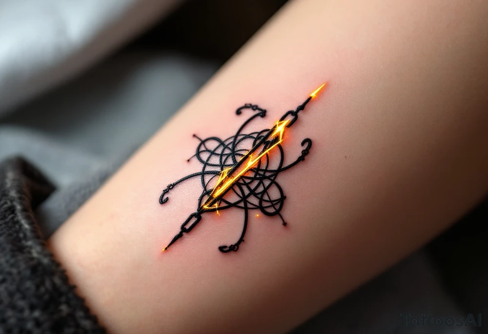 The rune is etched in deep black, with glowing golden lines illuminating the edges. The design is complemented by interwoven chains or binding vines, representing the unbreakable bond between soulmates. The soft golden glow symbolizes the warmth and unity of love. tattoo idea
