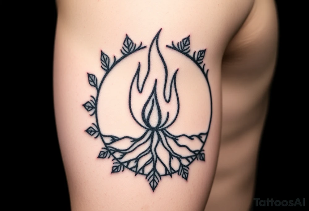 flame in a blooming roots circle tattoo idea