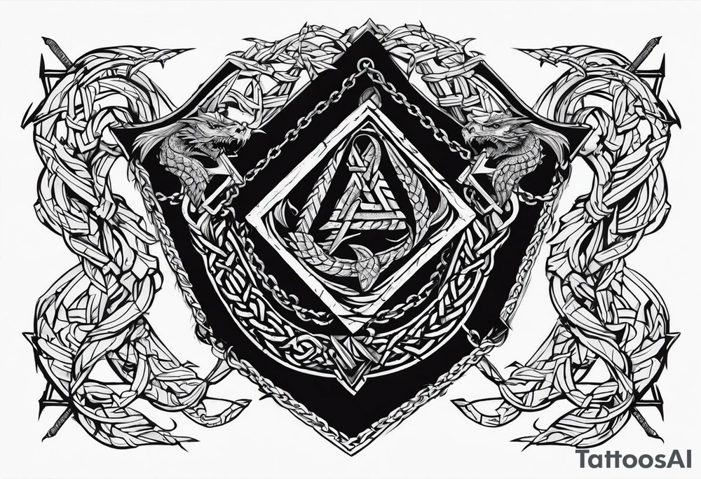Valhalla sword shield dragon axe Valknut barbed wire chains tattoo idea Valhalla sword shield dragon axe Valknut barbed wire chains tattoo idea