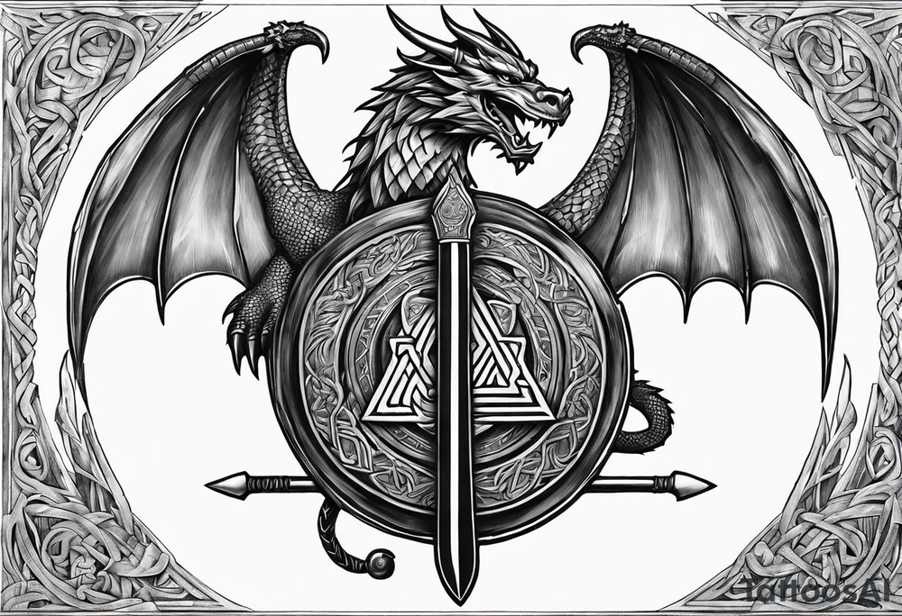 Valhalla sword round shield dragon axe Valknut steps fire chains tattoo idea Valhalla sword round shield dragon axe Valknut steps fire chains tattoo idea