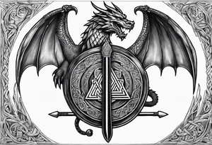 Valhalla sword round shield dragon axe Valknut steps fire chains tattoo idea
