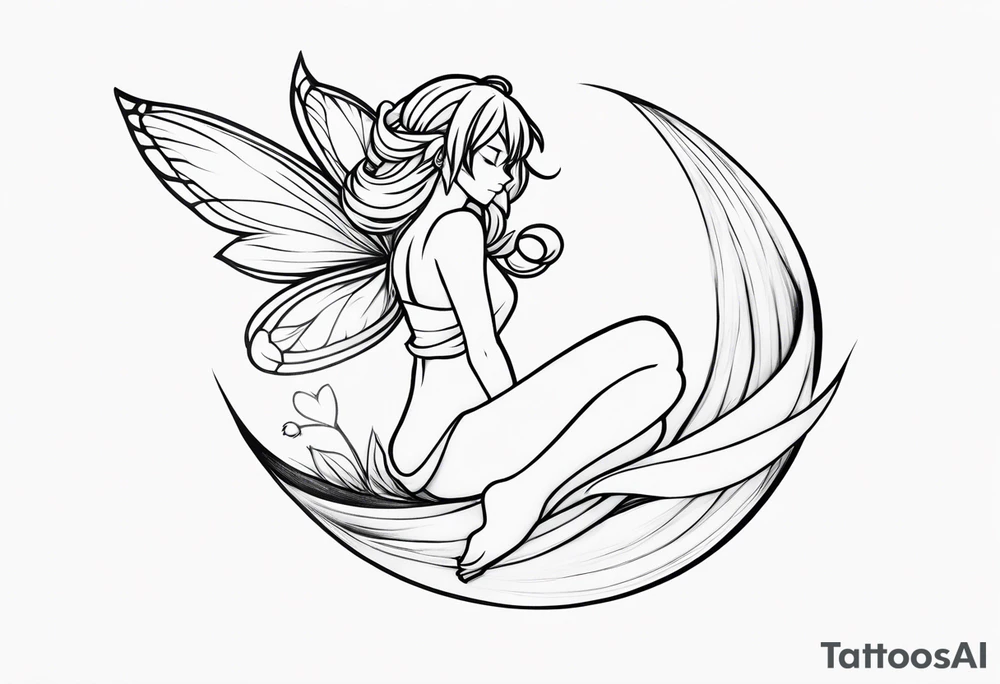 No color fairy with a tail inspired by the anime show called Fairy Tail in a fetal position leaning in and forward while sleeping tattoo idea