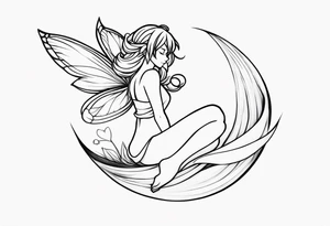 No color fairy with a tail inspired by the anime show called Fairy Tail in a fetal position leaning in and forward while sleeping tattoo idea