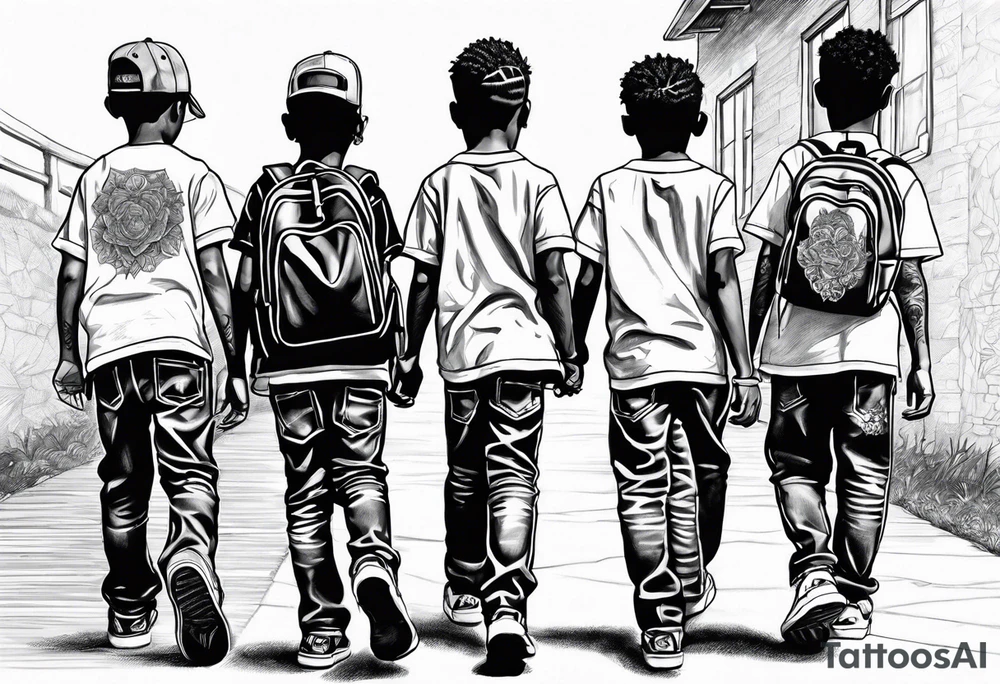 3 black school age boys walking away together  you can see their full bodies and one is looking to the side showing the side of his face tattoo idea