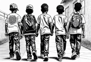 3 black school age boys walking away together  you can see their full bodies and one is looking to the side showing the side of his face tattoo idea
