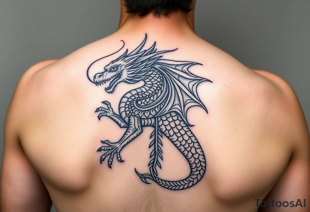 powerful majestic dragon on the back of female, 
radiates the message:

"I am grounded in the Earth, fluid as Water, free as Air, and blazing with Fire. Guided by my heart’s compass, my inner dragon guards the light within, and I walk my path with clarity and strength." tattoo idea