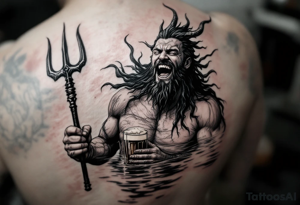 laughing poseidon in calm water, holding a trident, holding a beer tattoo idea