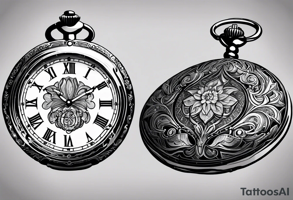 Pocket watch with chain and dates 28/08/1960-25/03/2024 tattoo idea
