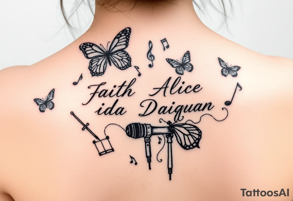 Names: Faith Alice Ida Daiquan surrounded with butterflies, musical notes, needle and thread, microphone and drumstick tattoo idea