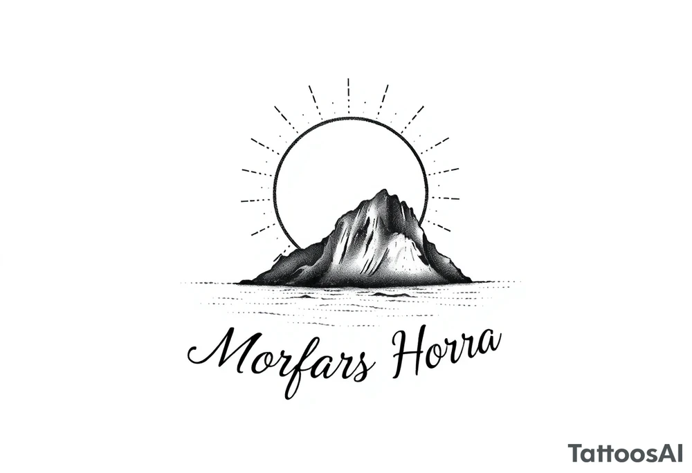tattoo of Bornholm, a small island in denmark, with a sun behind it. Incorporate the following text, "Morfars Horra" instead of some of the line in the sun tattoo idea