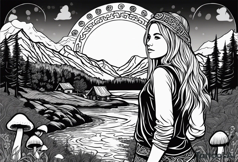 Whole picture encircled fully

Straight long blonde hair hippie girl in distance holding mushrooms in hand facing away toward mountains and creek surrounded by mushrooms long sleeve shirt and hiking pants; whole rendering within a full celtic circle border, no cut off circle tattoo idea
