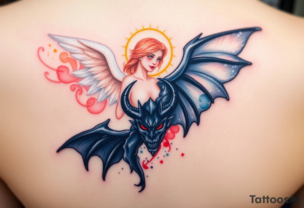A radiant angel, with soft white wings and a glowing halo, surrounded by light, juxtaposed against a dark demon, with jagged black wings and fiery red eyes, symbolizing the ultimate conflict between good and evil. tattoo idea