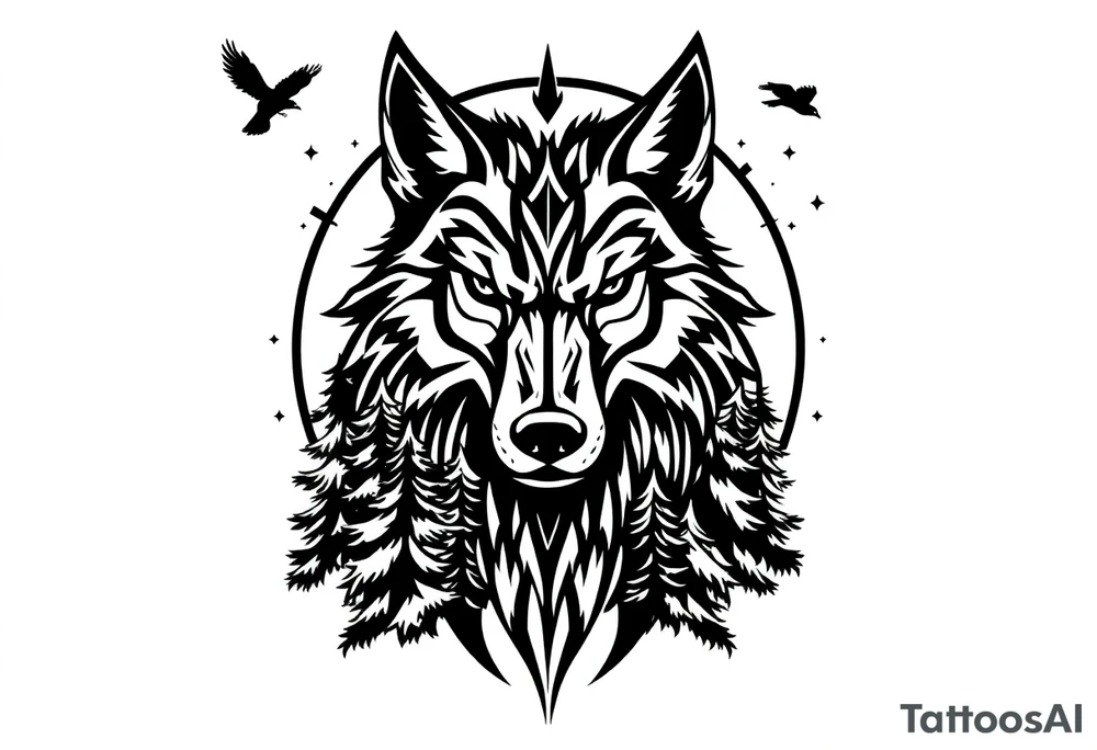 Wolf head surrounded by large pine trees growing from black ground and small ravens flying overhead tattoo idea
