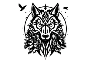Wolf head surrounded by large pine trees growing from black ground and small ravens flying overhead tattoo idea