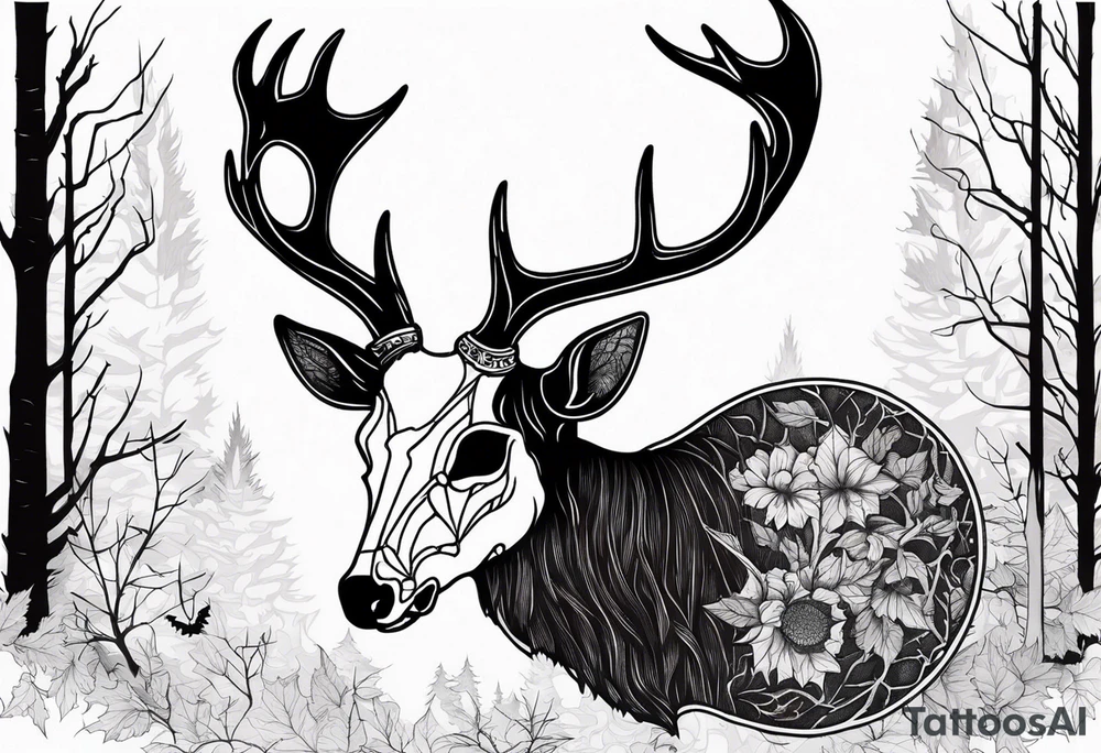 Halloween side view of a DECAYING deer skull JUST BONE surrounded by a forest fire in background tattoo idea