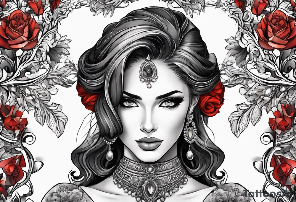 Busty red haired woman with a bearded man who has black hair tattoo idea
