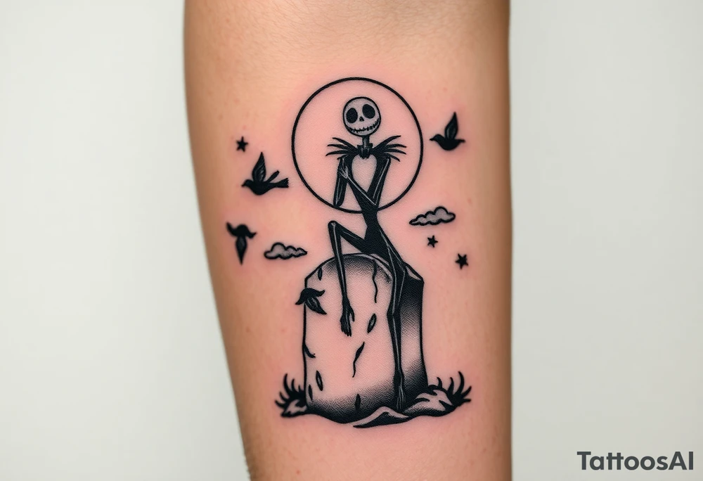 jack skellington sitting on tombstone, birds, clouds tattoo idea