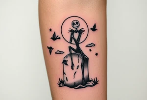 jack skellington sitting on tombstone, birds, clouds tattoo idea