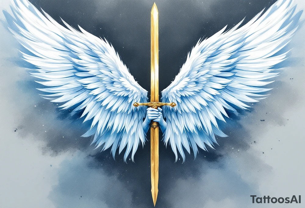 Angel with Wings Spread – A majestic angel with feathered wings in shades of white and soft blue, holding a golden sword. tattoo idea