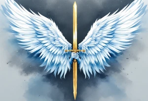 Angel with Wings Spread – A majestic angel with feathered wings in shades of white and soft blue, holding a golden sword. tattoo idea