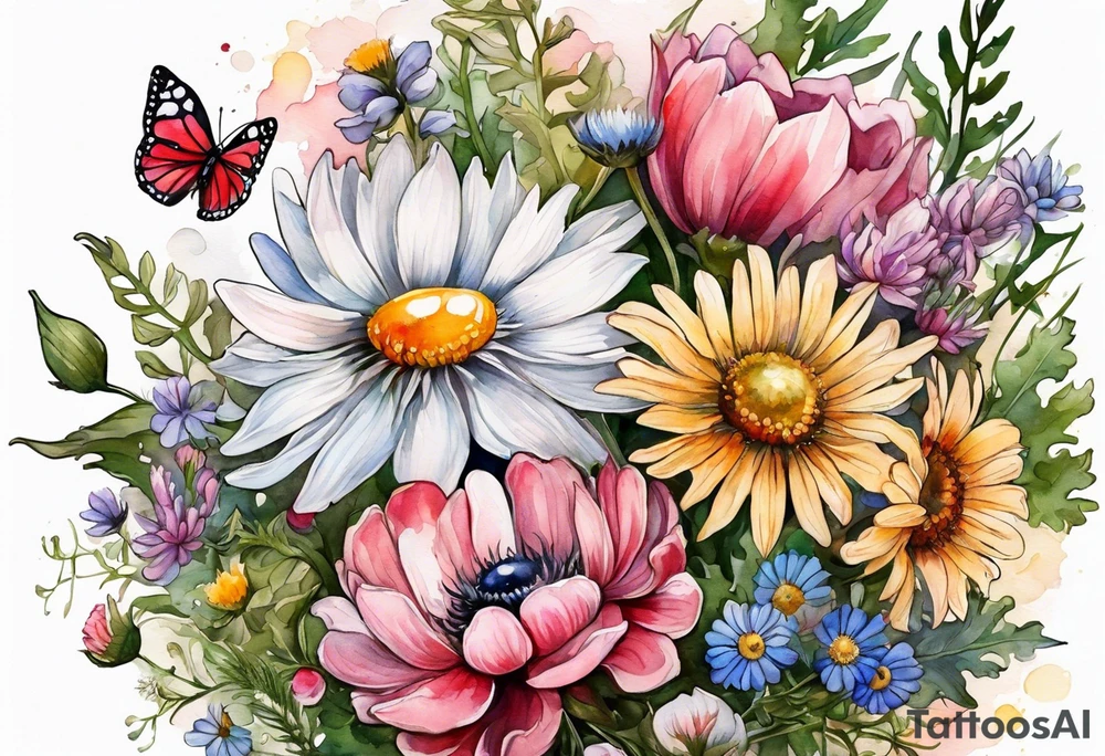 and oval of wildflowers cascading with thistles, ferns, white anemones, sun flowers, buttercups, pink flowers, red flowers, babys breath and daisies all in watercolor tattoo idea