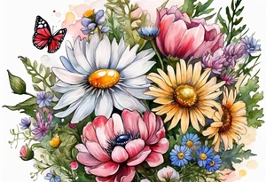and oval of wildflowers cascading with thistles, ferns, white anemones, sun flowers, buttercups, pink flowers, red flowers, babys breath and daisies all in watercolor tattoo idea