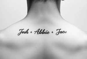 an ankle tattoo with the names Josh•Abbie•Poppy•Zac•Jack•Bella•Oscar•Jude•Jaxson tattoo idea