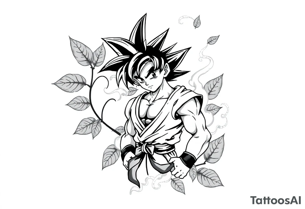 Tattoo design of Son Goku with smoke flowing through his body, surrounded by leaves in negative space effect, featuring soft shading around the edges and dotwork shading inside, with multiple contrast levels throughout. Highly detailed, intricate design with dynamic composition, emphasizing the interaction between the smoke and character, with the negative space leaves creating depth and balance. Professional tattoo art style with clean lines and sophisticated shading techniques. tattoo idea