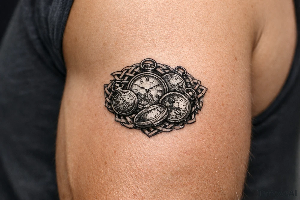 Cluster of vintage pocket watches, some open, some closed, woven with Celtic braids. tattoo idea