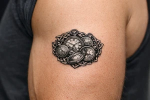 Cluster of vintage pocket watches, some open, some closed, woven with Celtic braids. tattoo idea