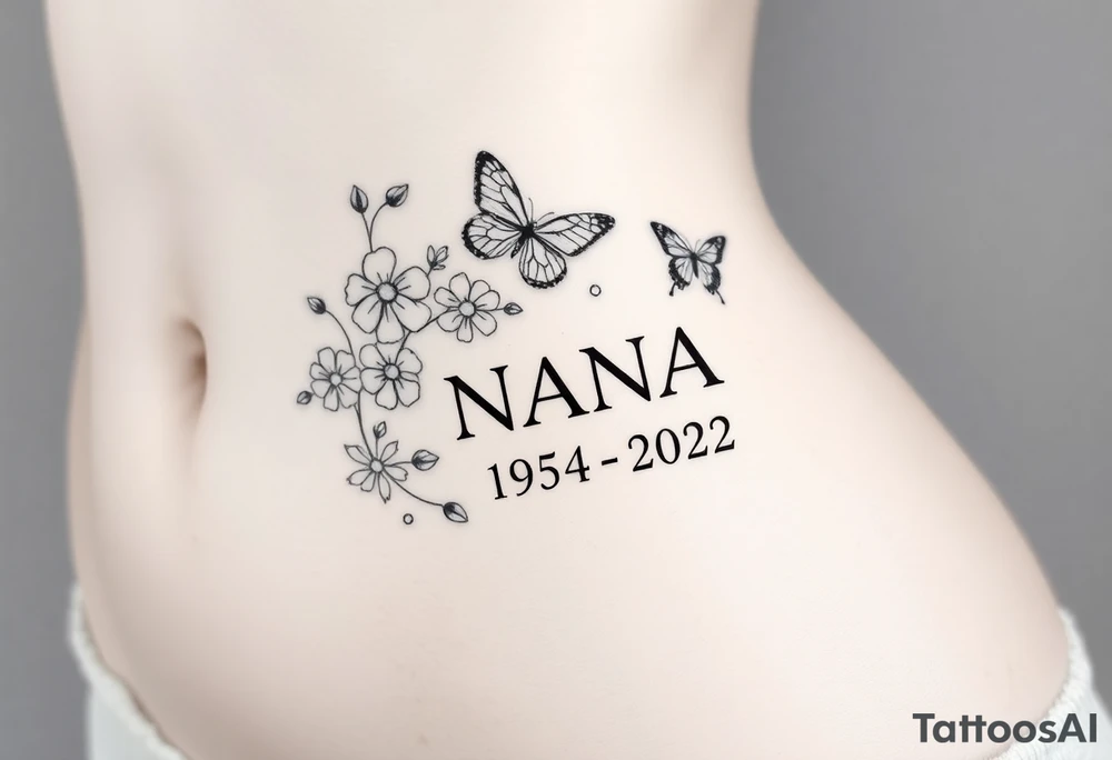 flowers and butterflies with the name “NANA” and the date “1954-2022” mixed all together on the side of the rib cage tattoo idea
