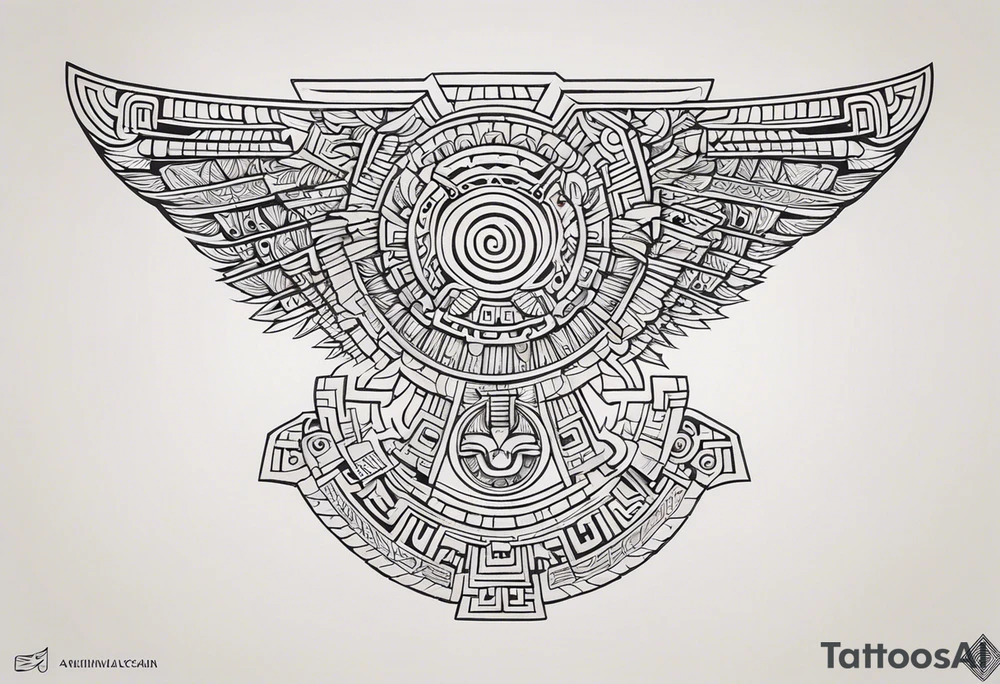 Create a right chest tattoo of Quetzalcoatl based on the original depiction discovered in the Pyramid of the Sun at Teotihuacan. Use the ancient feathered serpent form, with Quetzalcoatl's body coiling in a strong, fluid motion across the chest. Maintain the authenticity of the Teotihuacan style, with bold, angular geometric patterns and intricate detailing in the scales and feathers. The face should feature a traditional Mesoamerican headdress and mask, with the god's fierce, regal expression preserved. Make the eyes intense and striking, with sharp fangs protruding. Use black and gray shading to give the design depth, keeping the ancient stone carving aesthetic, but add subtle modern touches to enhance the masculine and powerful feel. Incorporate authentic Aztec motifs around the serpent, like the sun and stepped pyramids, as part of the chest piece to anchor the design in its historical context tattoo idea