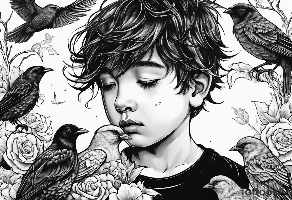 boy crying, being attached by birds tattoo idea boy crying, being attached by birds tattoo idea