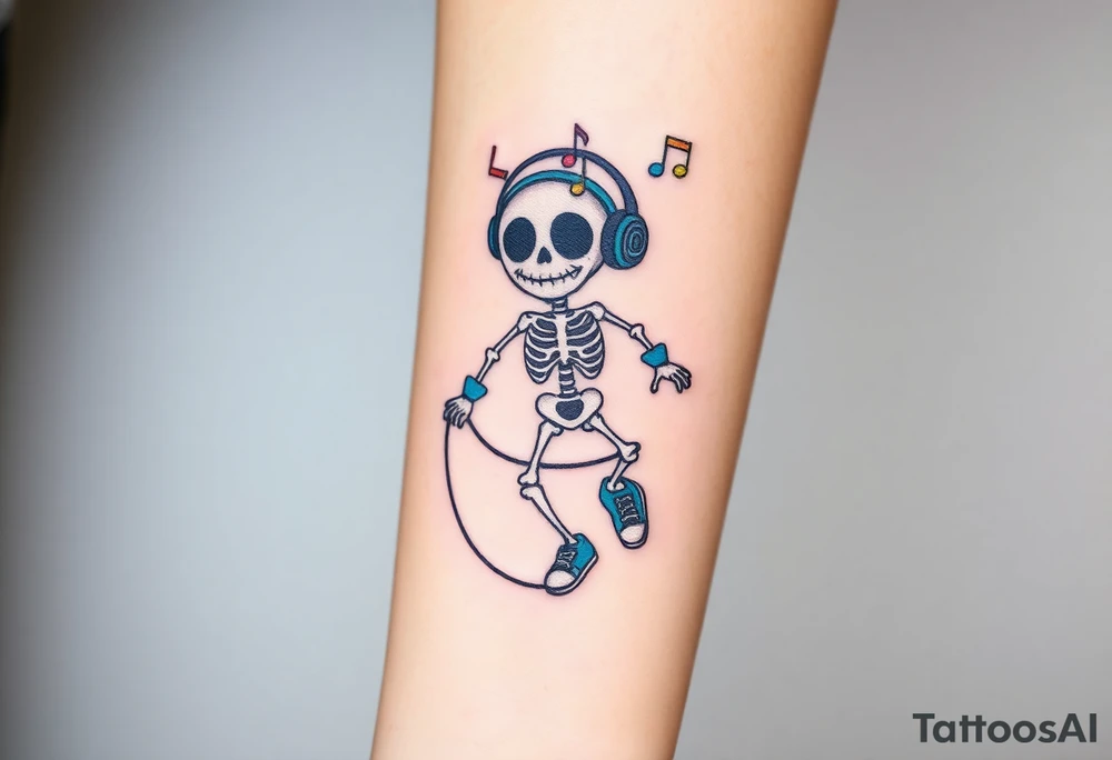 smiley skeleton with love shape in his eyes jumping on a jump rope with blue headphones and blue armbands and blue sneakers with colorful music notes around his head tattoo idea