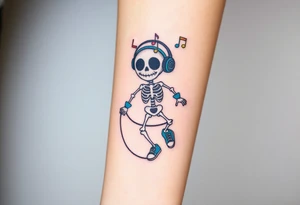 smiley skeleton with love shape in his eyes jumping on a jump rope with blue headphones and blue armbands and blue sneakers with colorful music notes around his head tattoo idea