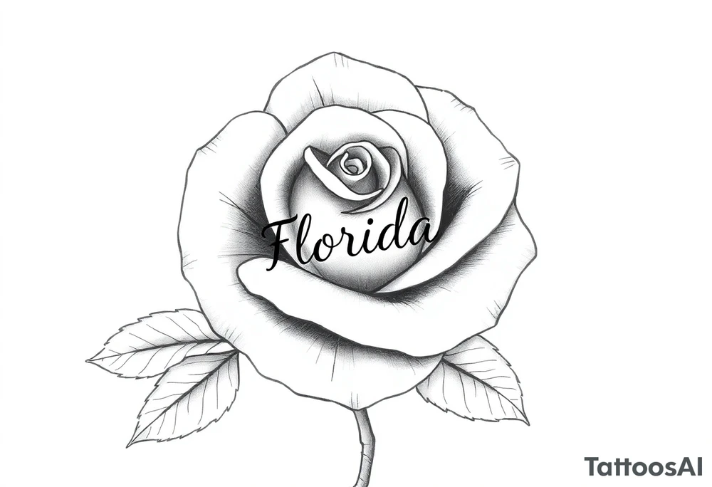 ROSE WITH FLORIDA WRITTEN IN VERTICAL AS STEM tattoo idea